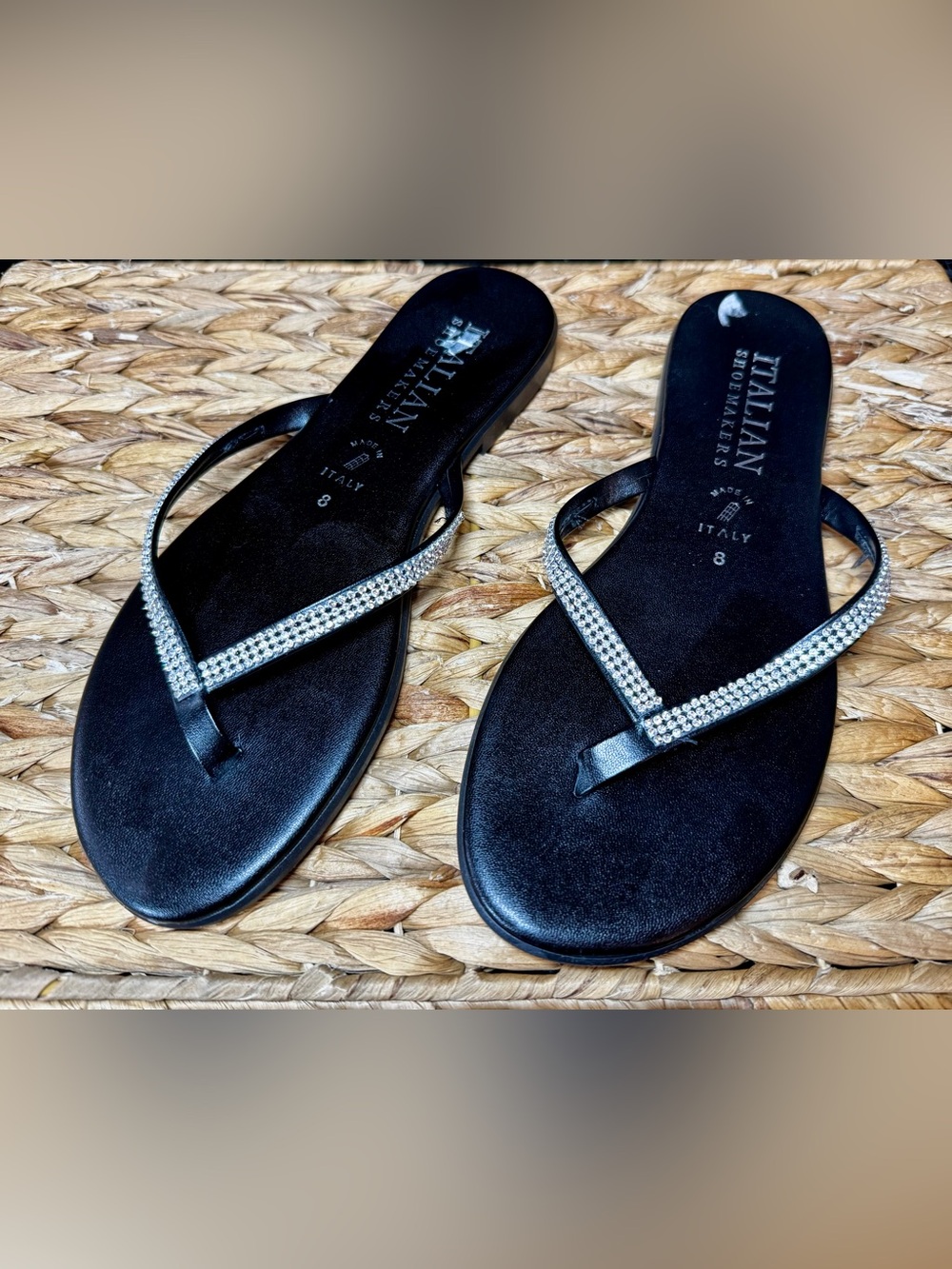 Italian-Made Black Rhinestone T-Strap Sandals by Italian Shoemakers
